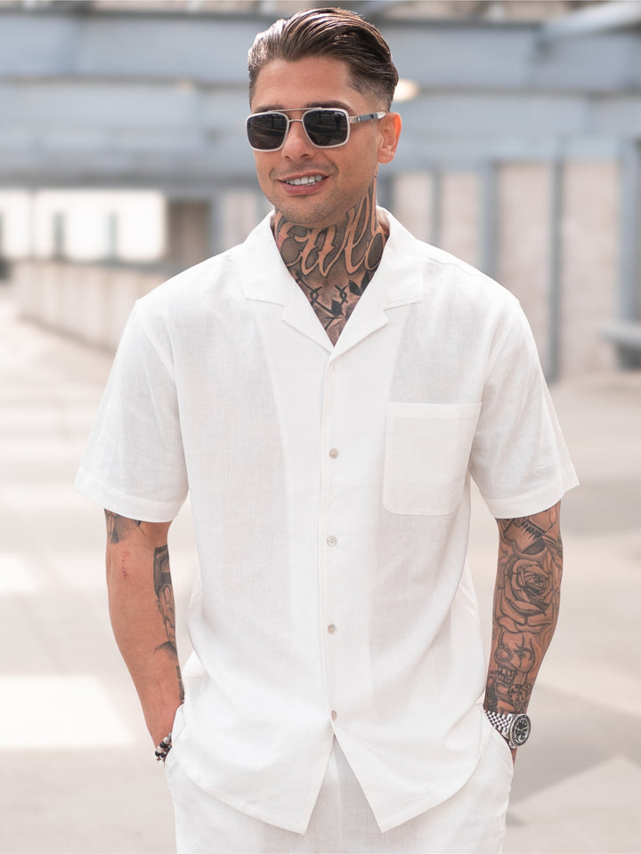 Beau White Linen Resort Shirt with Camp Collar