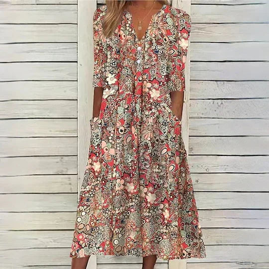 Floral Midi Dress in Beige Print - Hannah