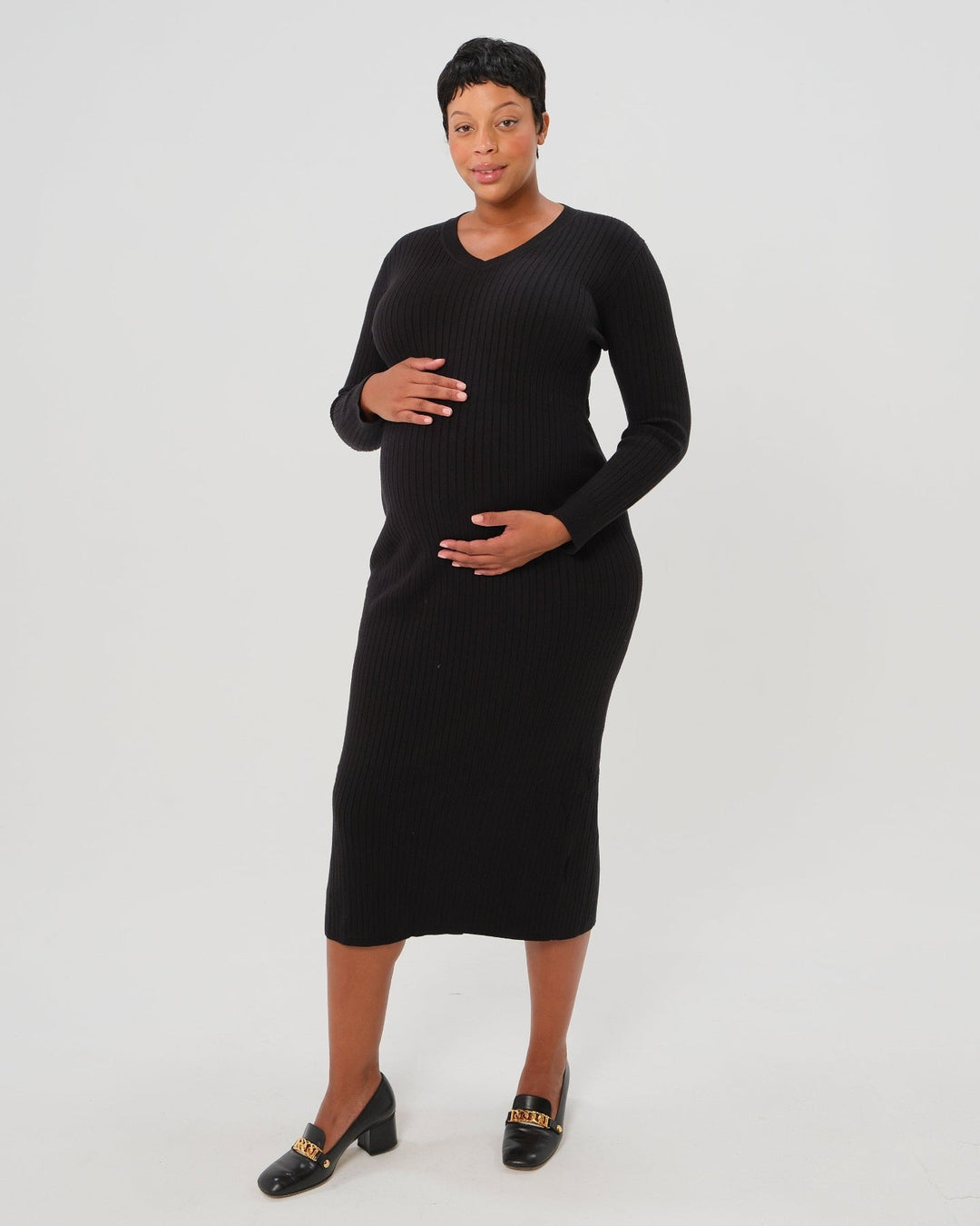 Full Body Ribbed Maternity & Nursing Midi Sweater Dress — gallery