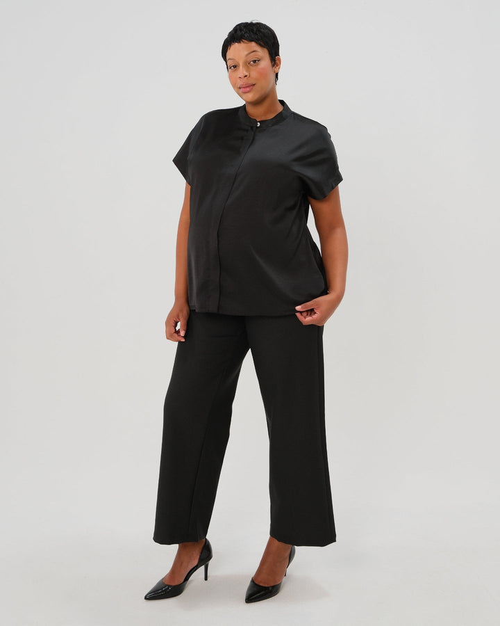 Short Sleeve Satin Maternity Shell Top with Concealed Nursing Zip — gallery