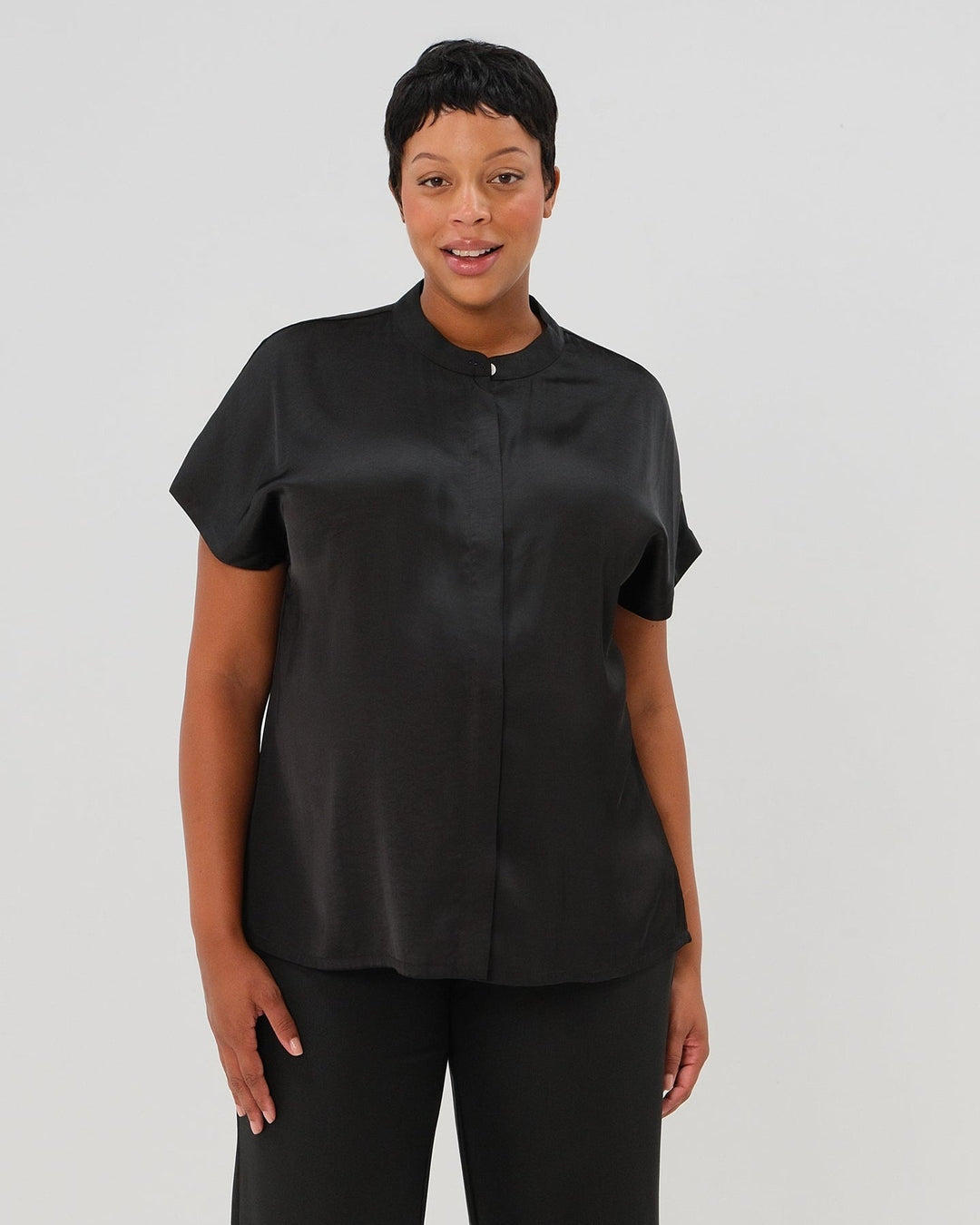 Short Sleeve Satin Maternity Shell Top with Concealed Nursing Zip — gallery