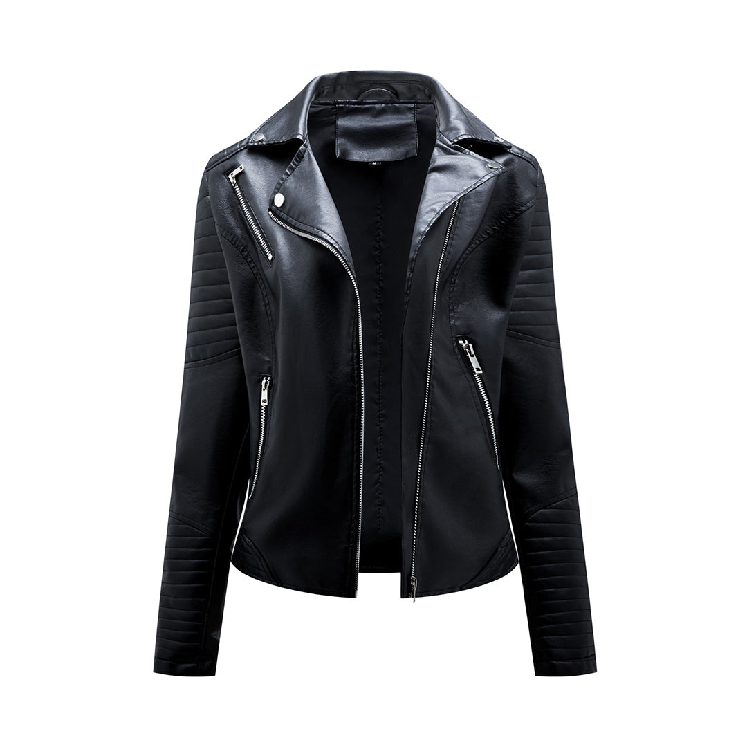 Asymmetric Zip PU Jacket with Lapel Collar for Women