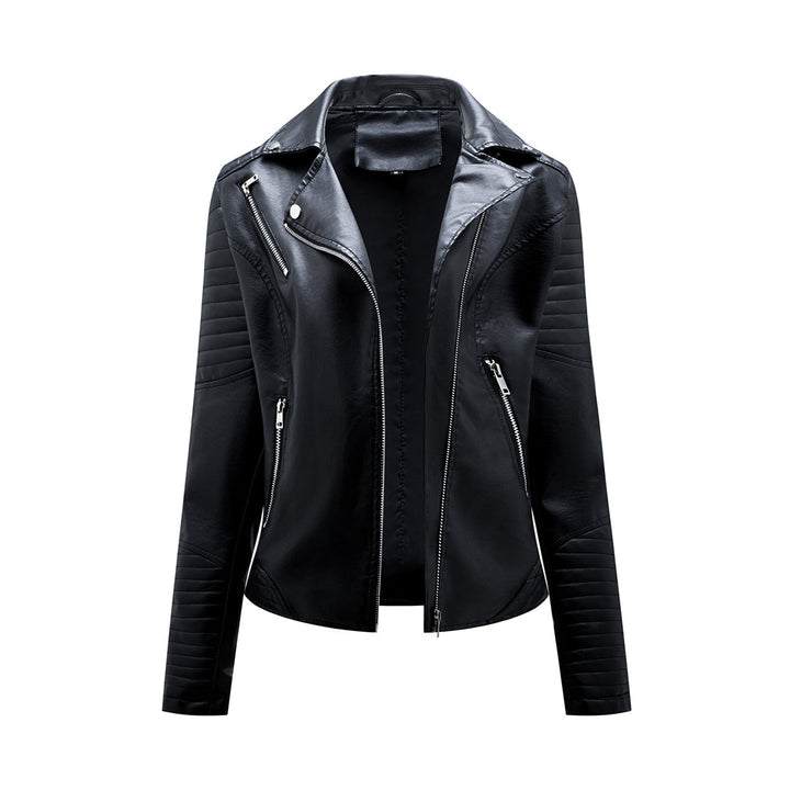 Asymmetric Zip PU Jacket with Lapel Collar for Women