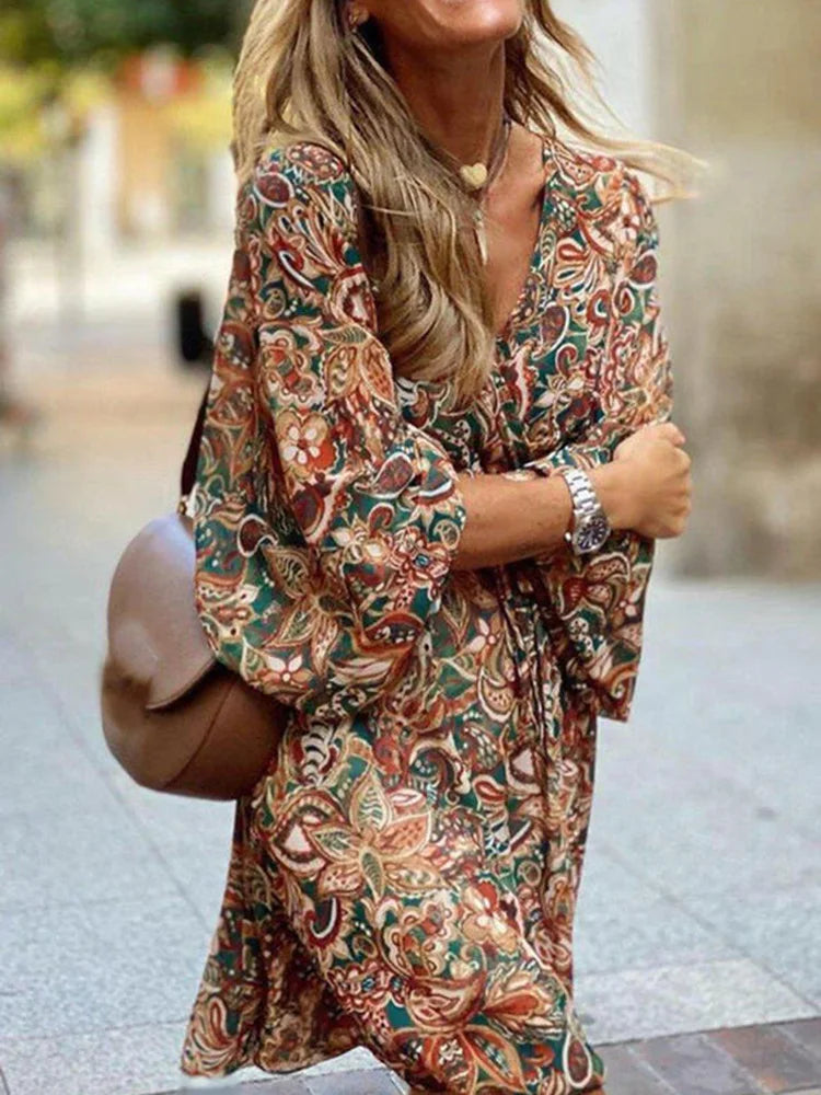 Boho Print Mini Dress with V-Neck and Relaxed Fit
