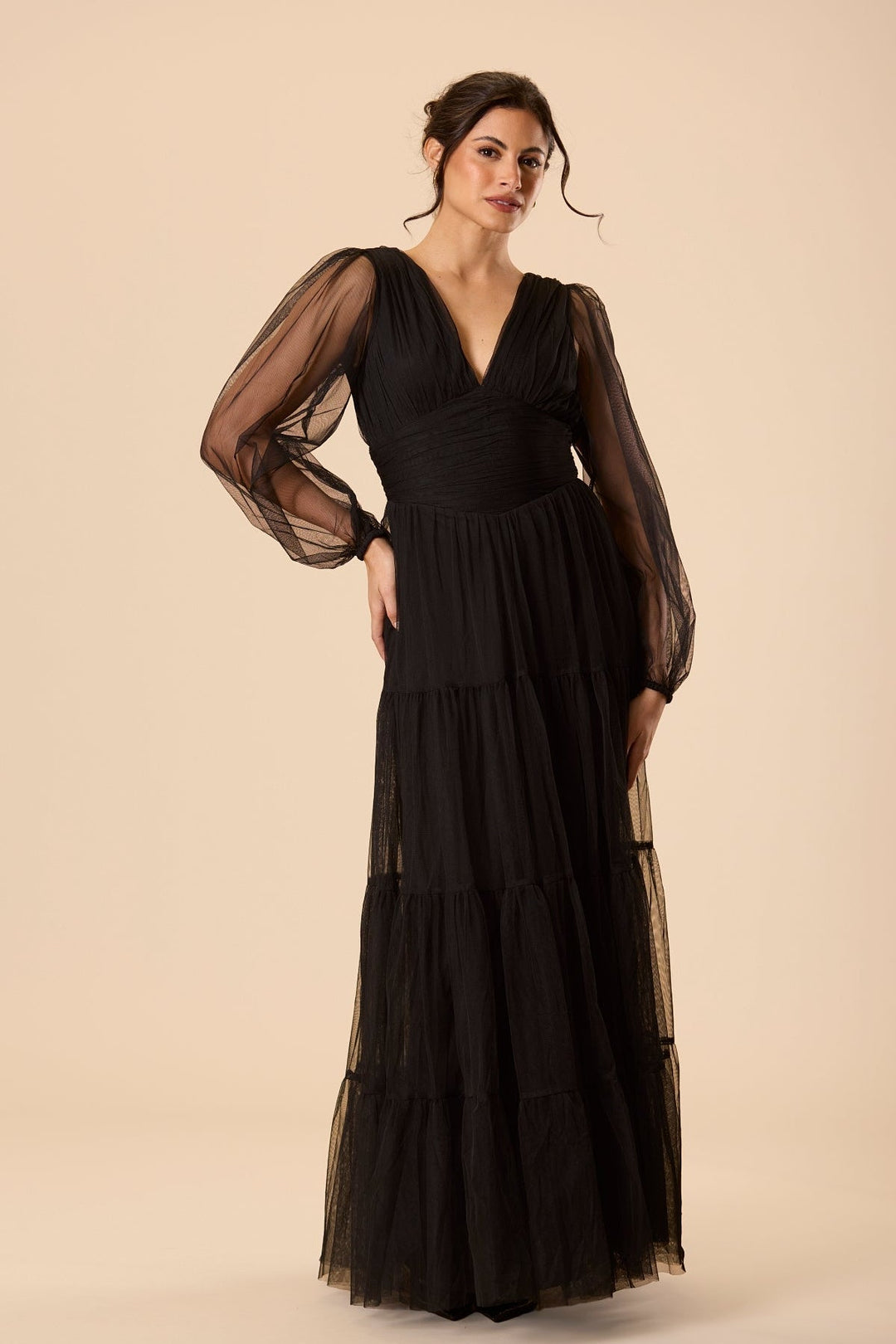 Bronte Tulle Long Sleeve Maxi Dress in Black for Women