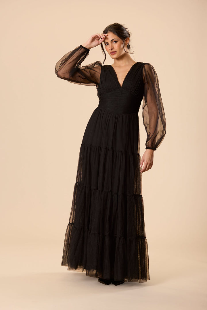 Bronte Tulle Long Sleeve Maxi Dress in Black for Women - gallery