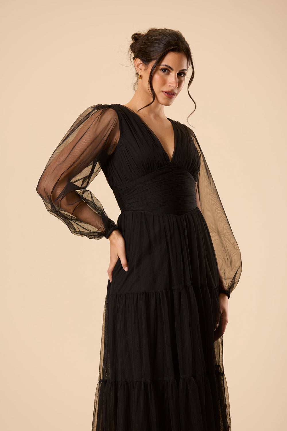 Bronte Tulle Long Sleeve Maxi Dress in Black for Women - gallery