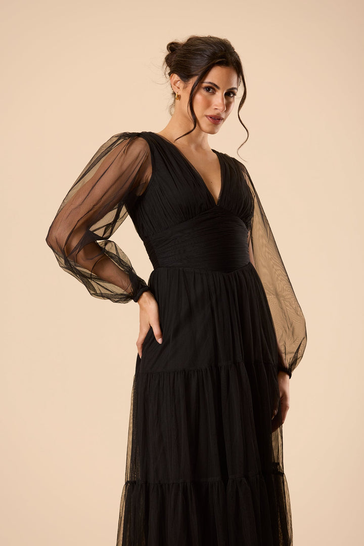 Bronte Tulle Long Sleeve Maxi Dress in Black for Women - gallery