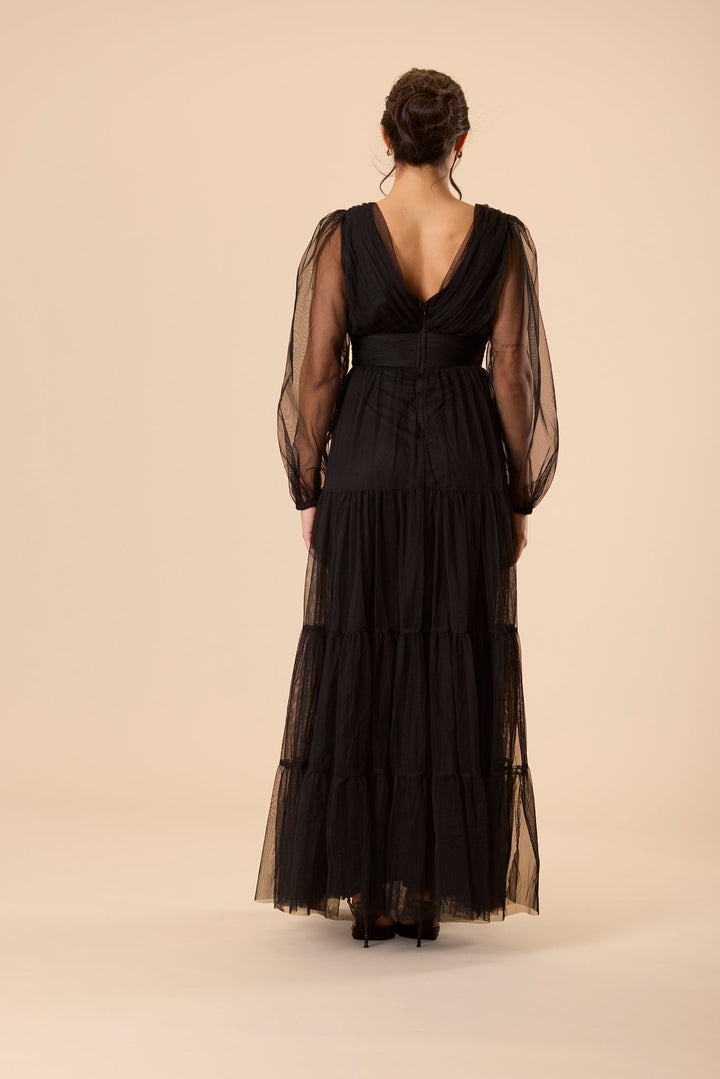 Bronte Tulle Long Sleeve Maxi Dress in Black for Women - gallery