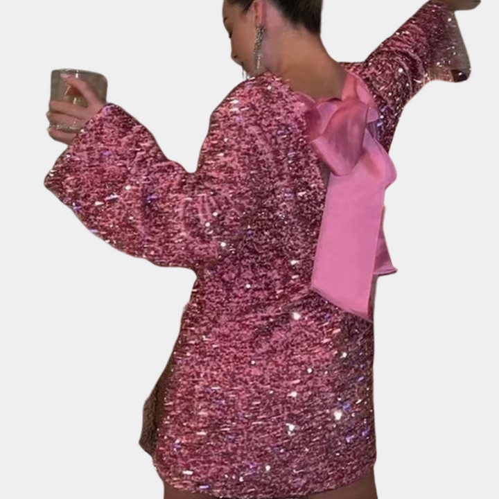 Short Sequin Dress with Round Neck and Long Sleeves