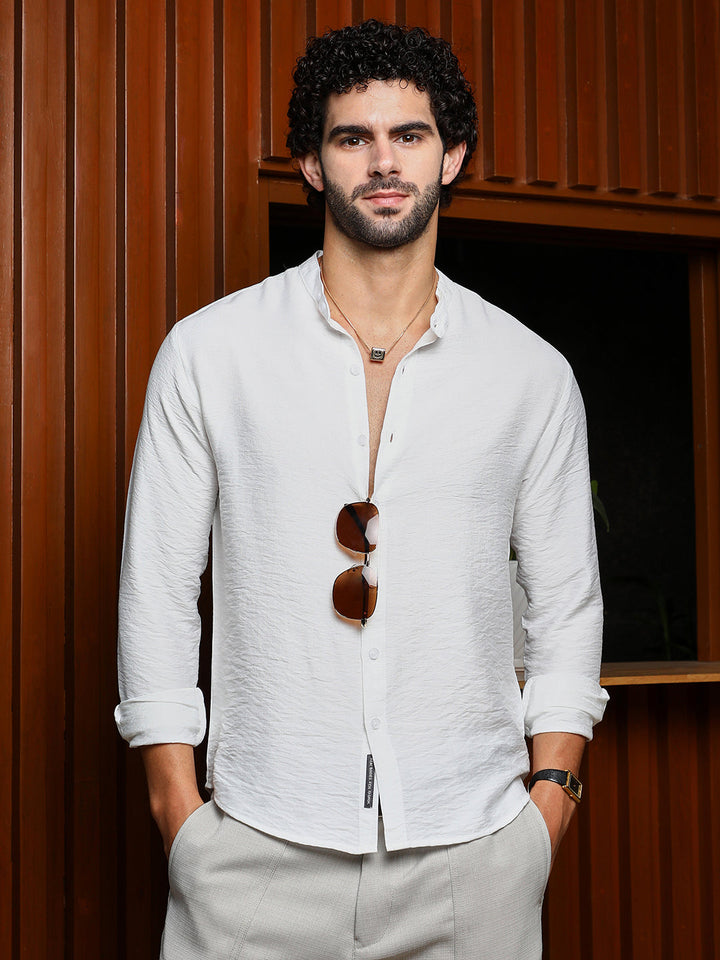Cream White Breezy Mandarin Collar Shirt for Men