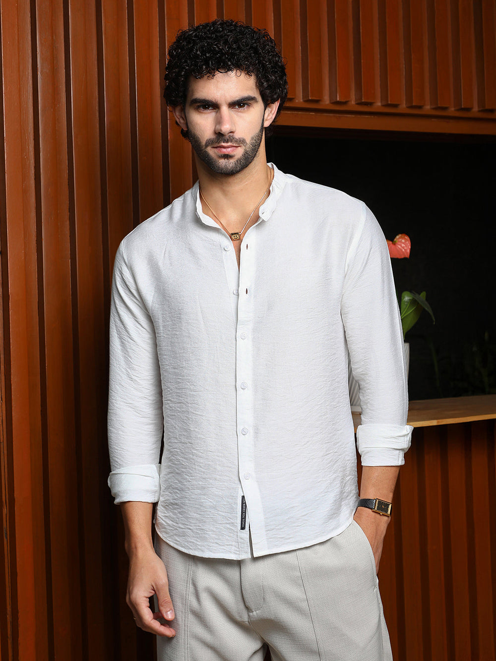 Cream White Breezy Mandarin Collar Shirt for Men - gallery