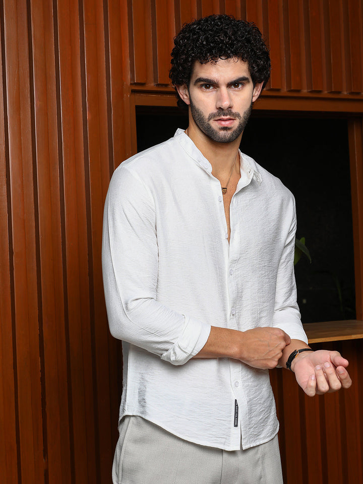 Cream White Breezy Mandarin Collar Shirt for Men - gallery