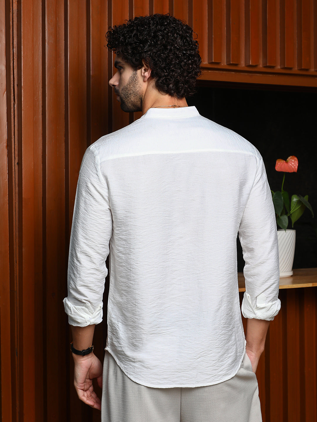 Cream White Breezy Mandarin Collar Shirt for Men - gallery