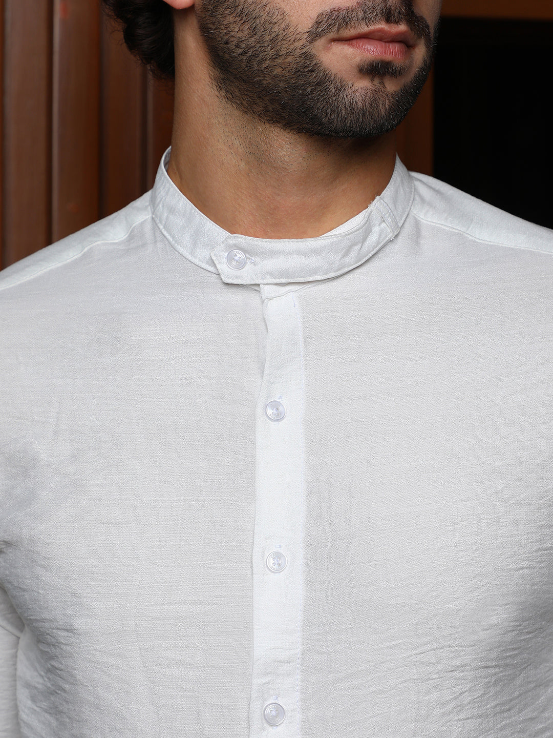 Cream White Breezy Mandarin Collar Shirt for Men - gallery