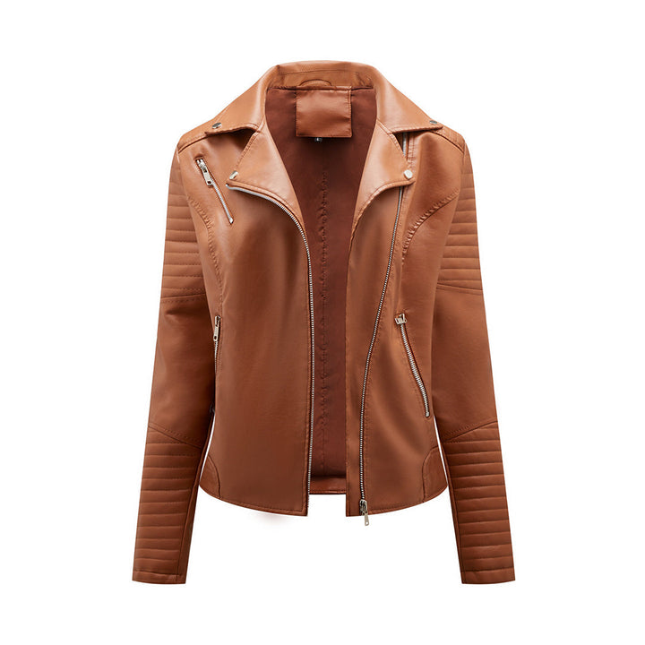 Asymmetric Zip PU Jacket with Lapel Collar for Women