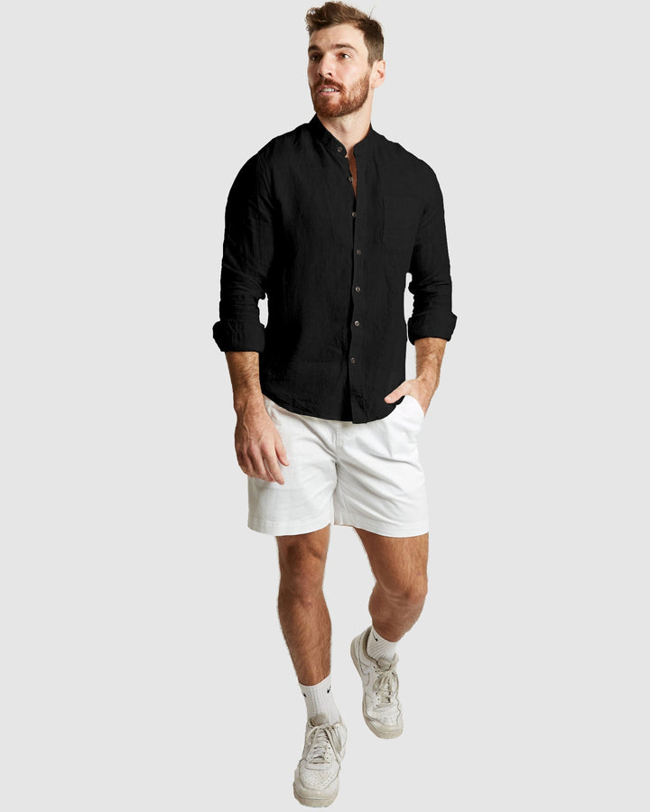 Palma Black Mandarin Collar Pure Linen Shirt for Men - gallery