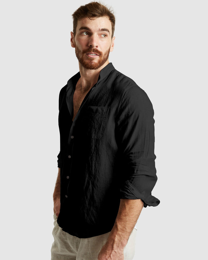 Palma Black Mandarin Collar Pure Linen Shirt for Men - gallery
