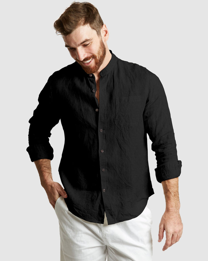 Palma Black Mandarin Collar Pure Linen Shirt for Men - gallery