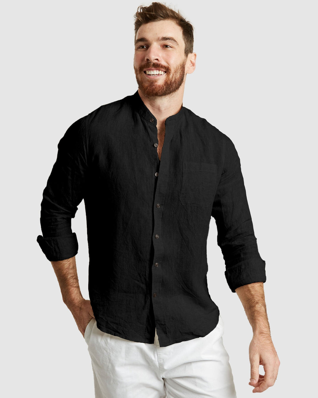 Palma Black Mandarin Collar Pure Linen Shirt for Men