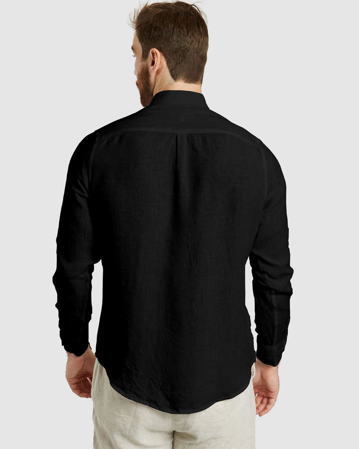 Palma Black Mandarin Collar Pure Linen Shirt for Men - gallery