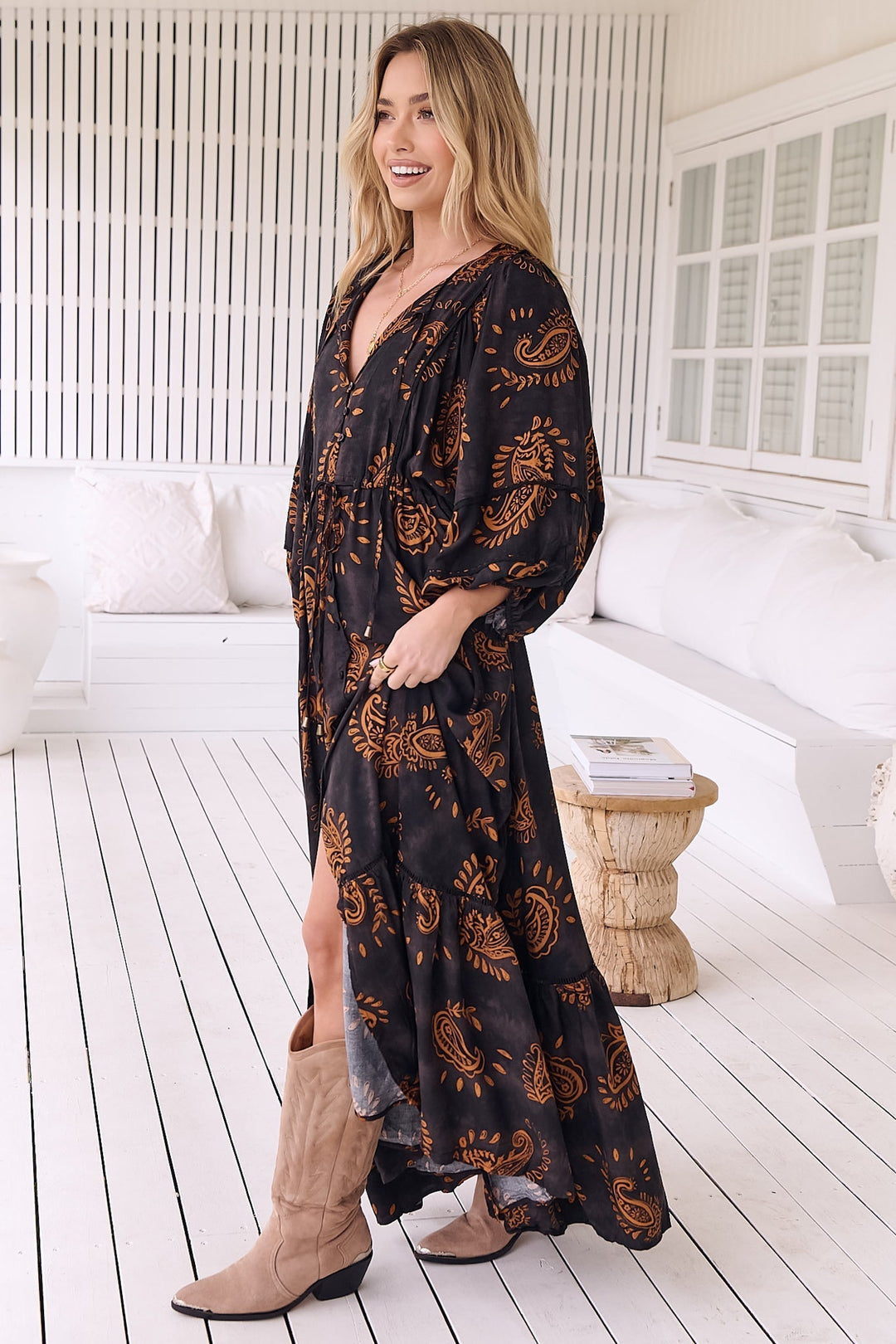 JAASE - Catalonia Maxi Dress: Batwing Sleeve Button Down Smock Dress in... — gallery