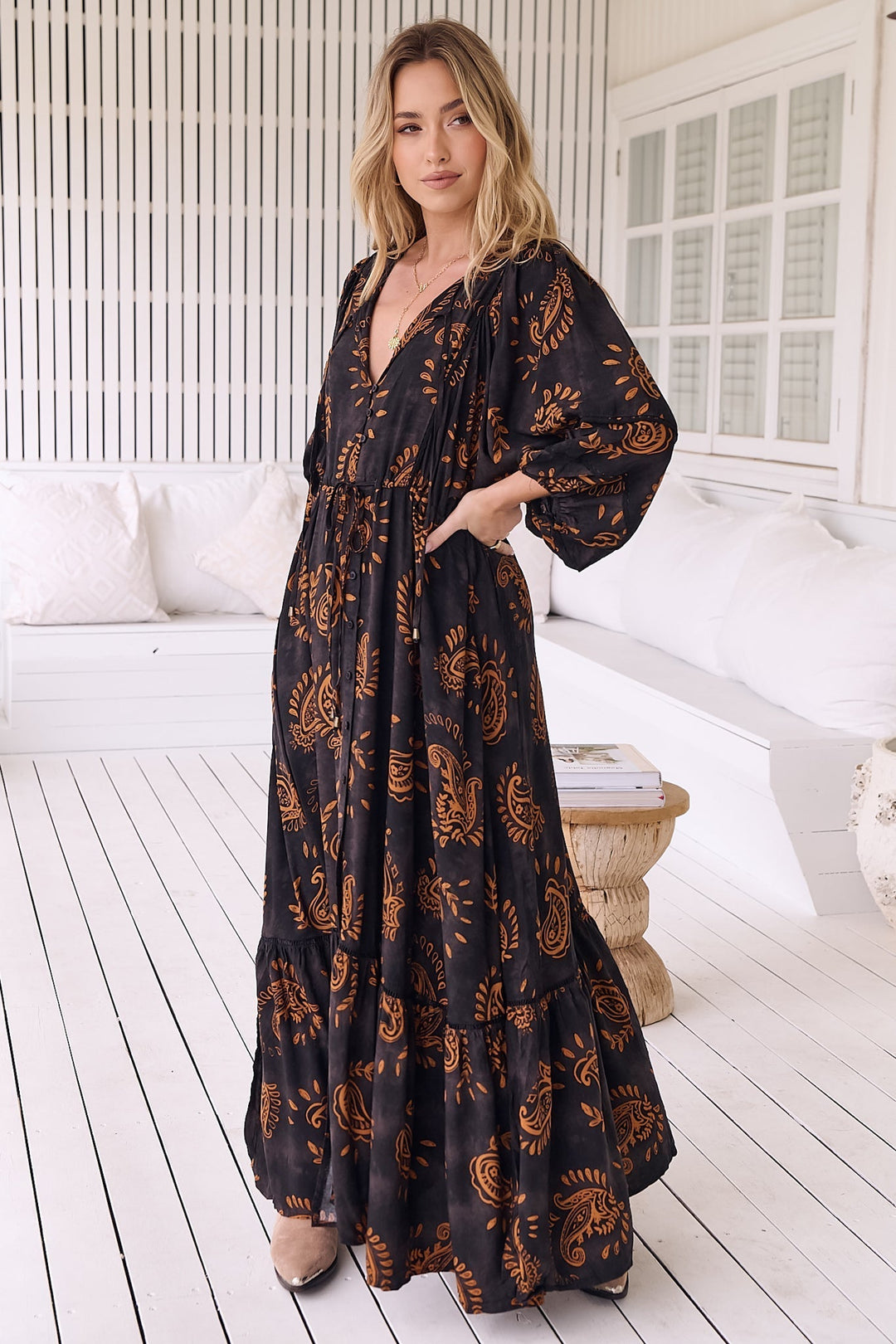 JAASE - Catalonia Maxi Dress: Batwing Sleeve Button Down Smock Dress in... — gallery