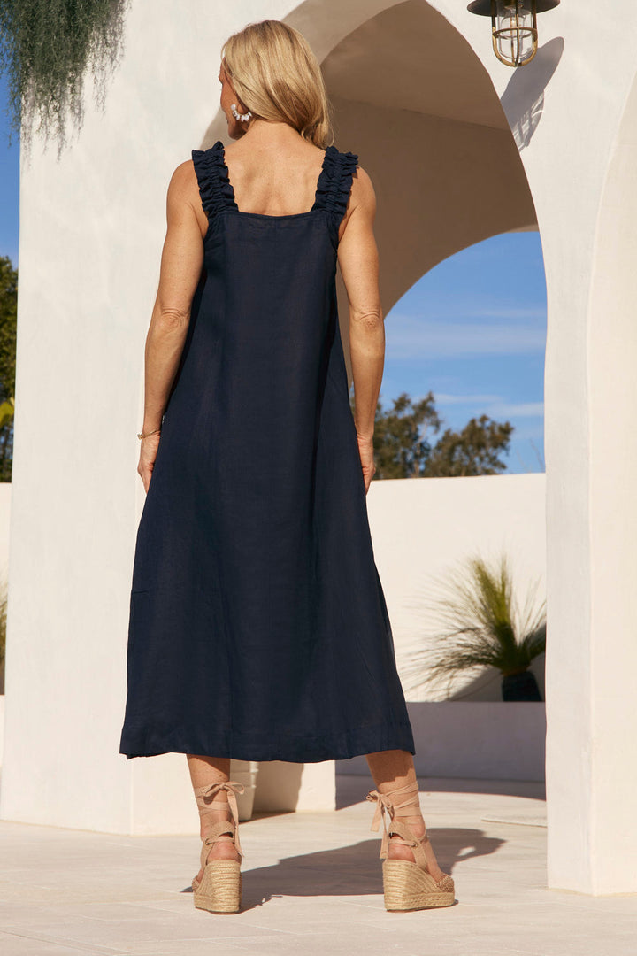 Claire Maxi Linen Dress in Navy — gallery