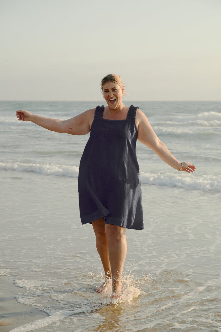 Claire Short Linen Dress in Navy for Women - gallery