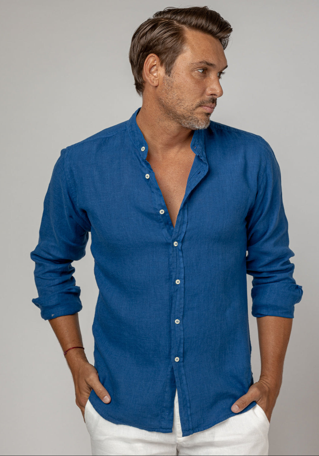 Pure Linen Mao Collar Long Sleeve Shirt for Men - Royal Blue