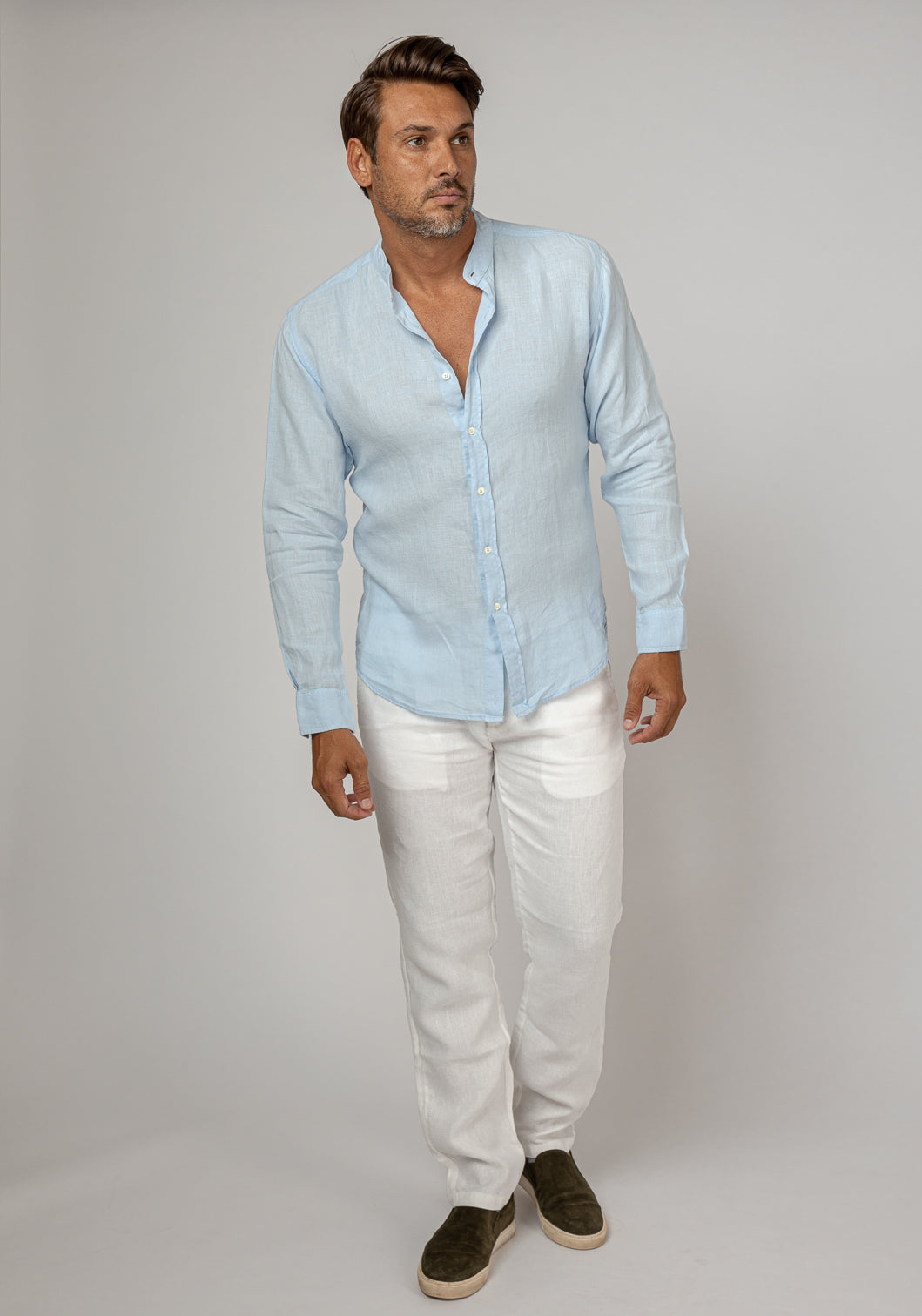 Pure Linen Mao Collar Long Sleeve Shirt for Men - gallery