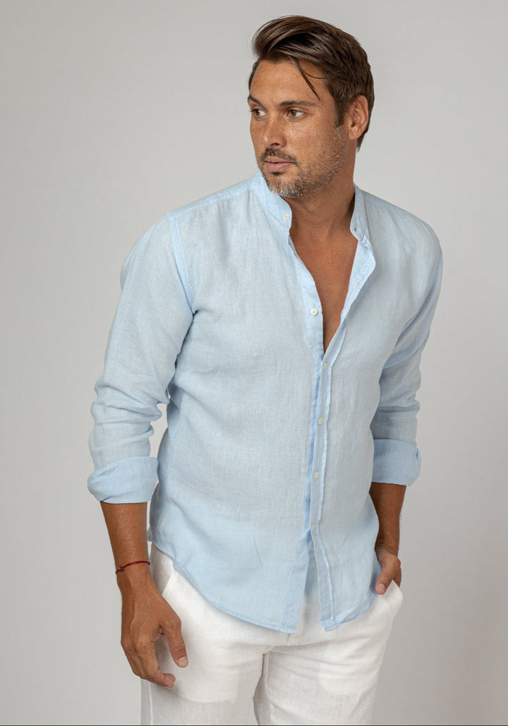 Pure Linen Mao Collar Long Sleeve Shirt for Men - Light Blue