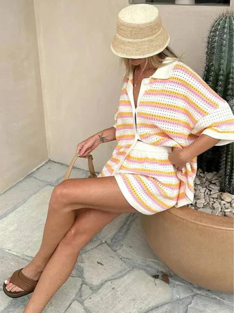Striped Contrast Knit Cardigan and Shorts Set