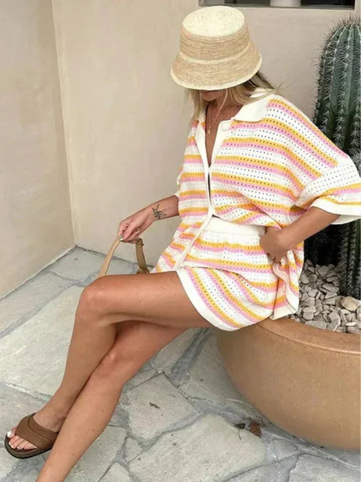 Striped Contrast Knit Cardigan and Shorts Set