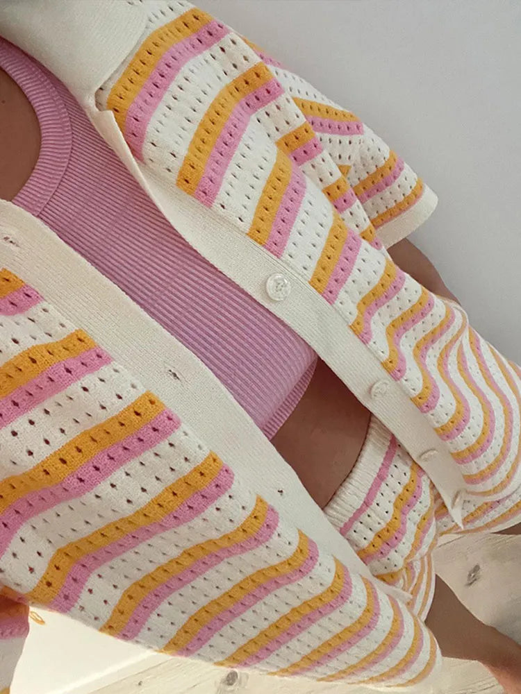 Striped Contrast Knit Cardigan and Shorts Set