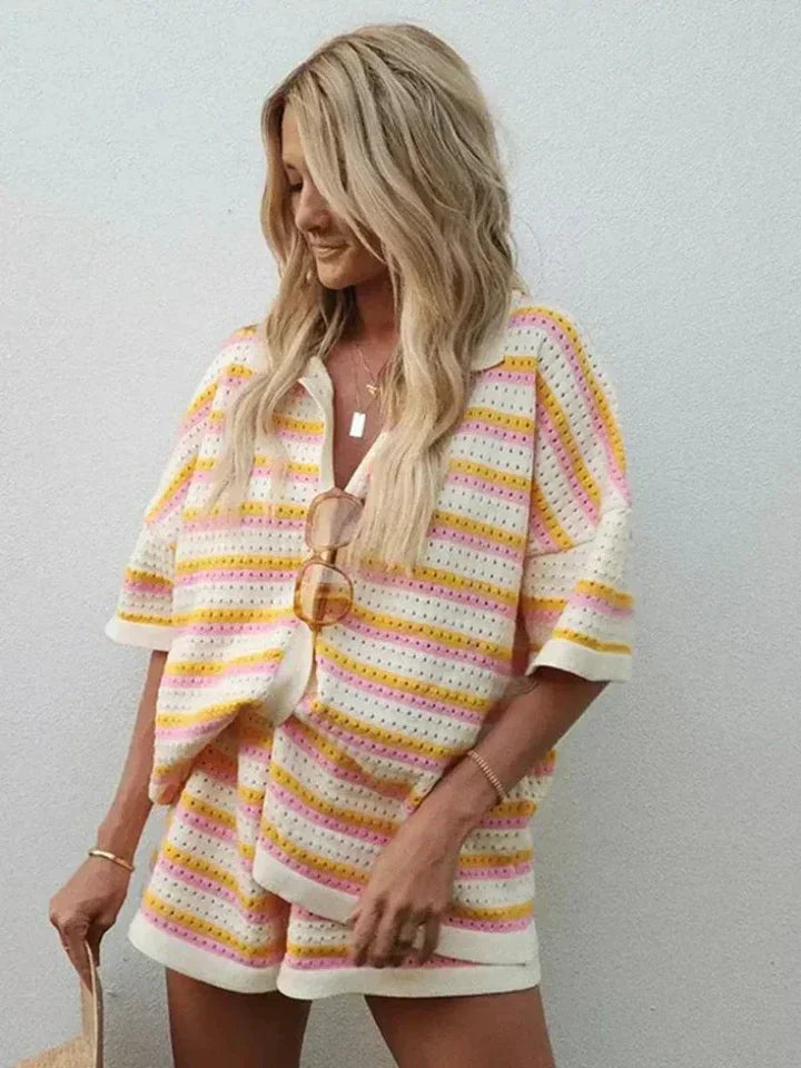 Striped Contrast Knit Cardigan and Shorts Set
