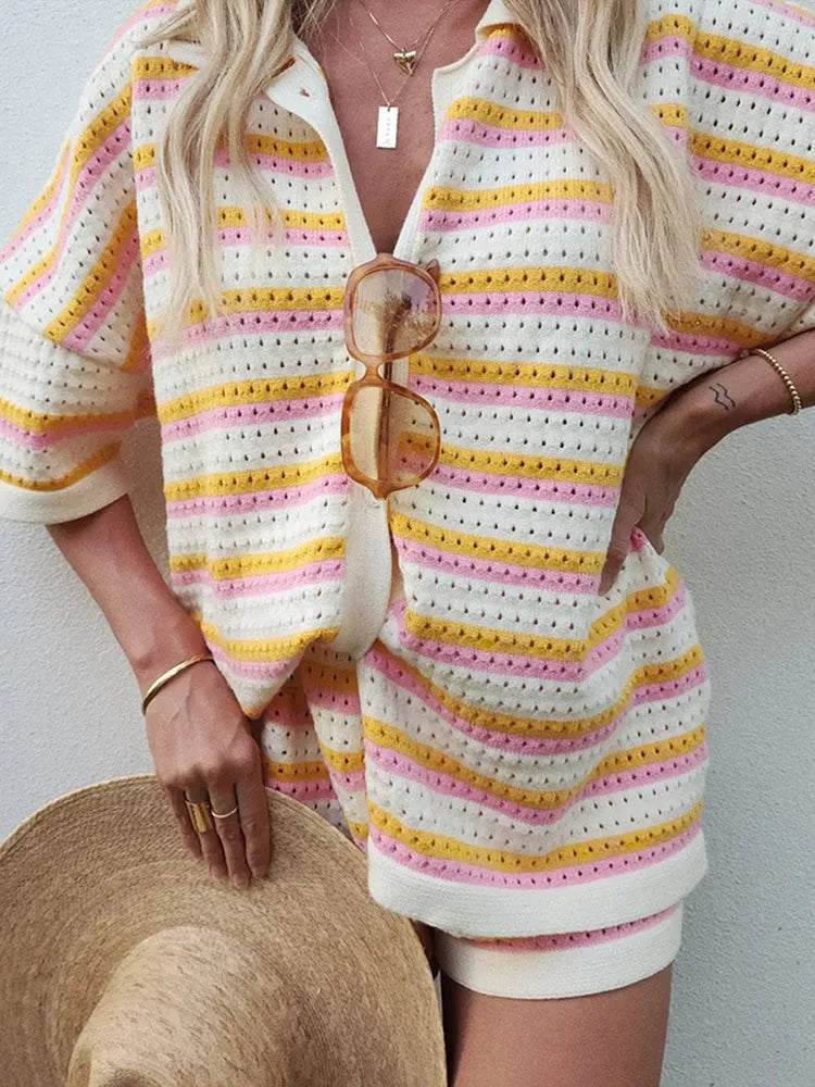 Striped Contrast Knit Cardigan and Shorts Set