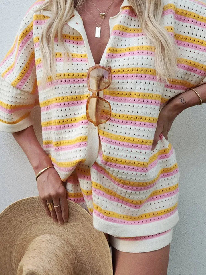 Striped Contrast Knit Cardigan and Shorts Set