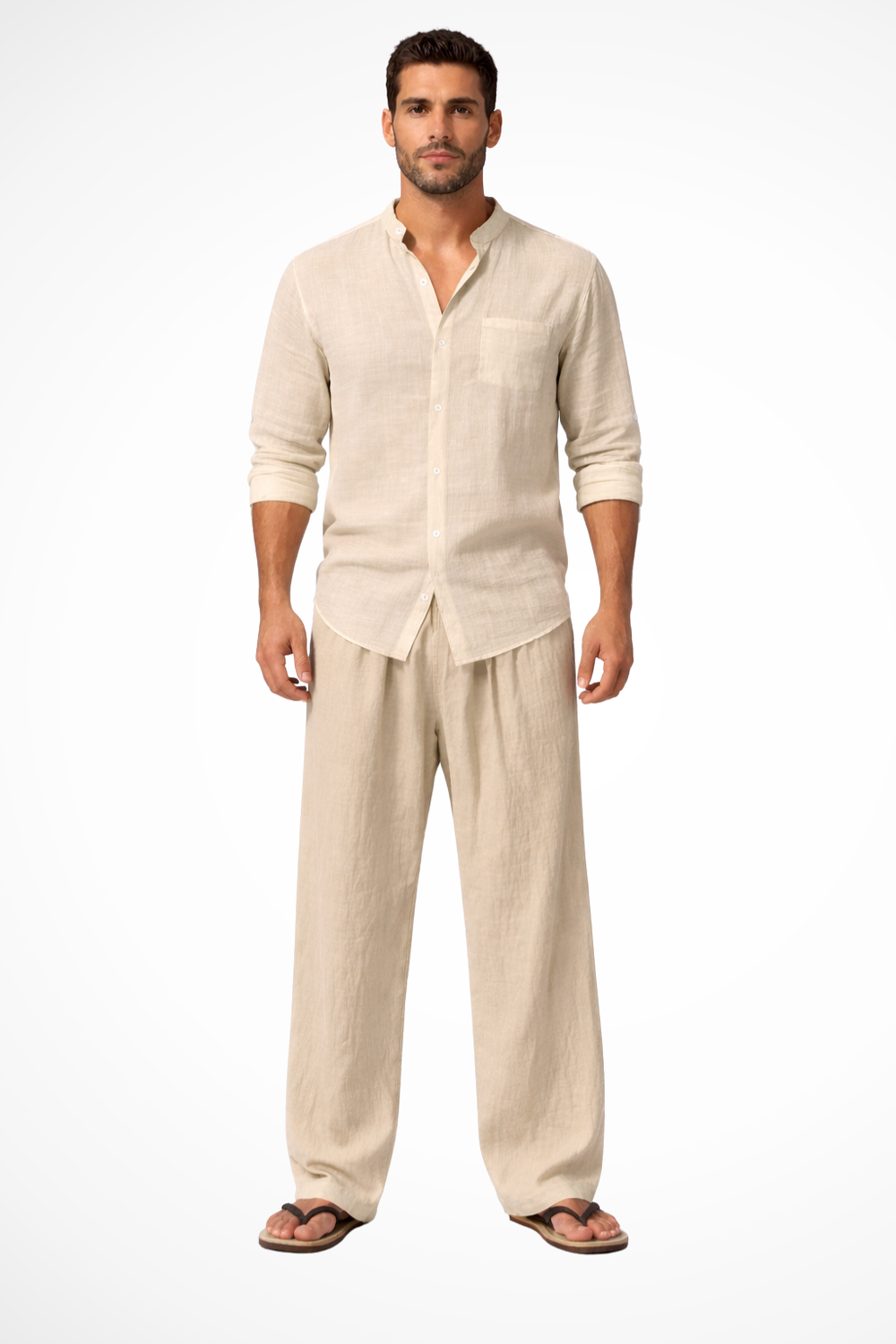 Liam Grandad Collar Linen Shirt and Trousers Set for Men - Khaki