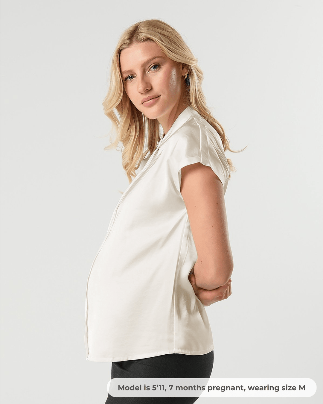 Short Sleeve Satin Maternity Shell Top with Concealed Nursing Zip — gallery