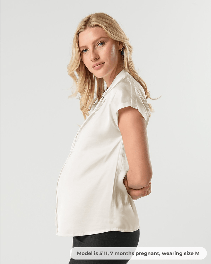 Short Sleeve Satin Maternity Shell Top with Concealed Nursing Zip — gallery