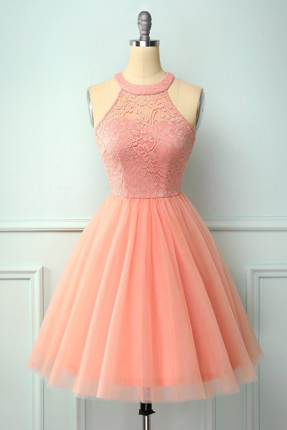 Burgundy Lace Halter Dress with Tulle Skirt for Women