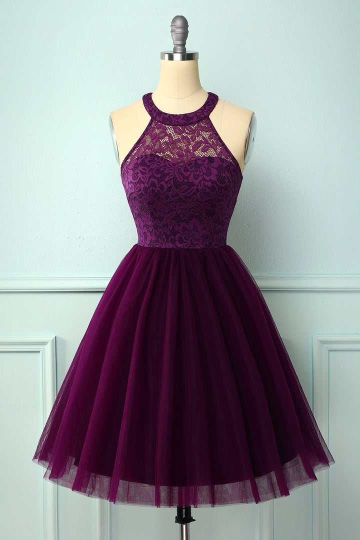 Burgundy Lace Halter Dress with Tulle Skirt for Women
