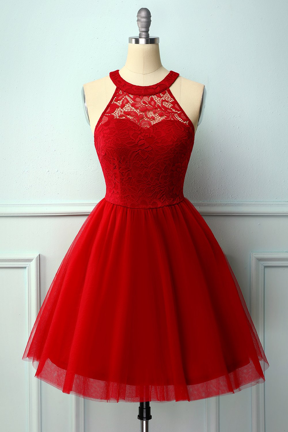 Burgundy Lace Halter Dress with Tulle Skirt for Women
