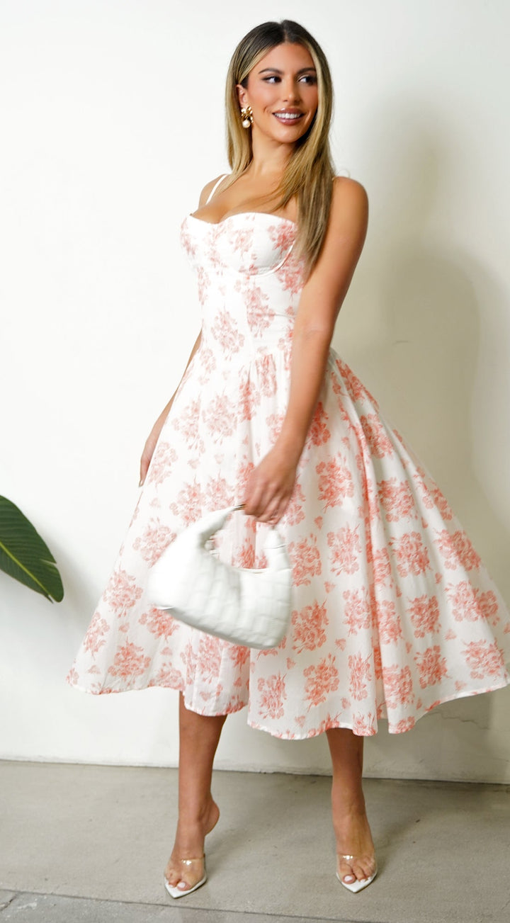 Knox Floral Flare Midi Dress - White Orange — gallery