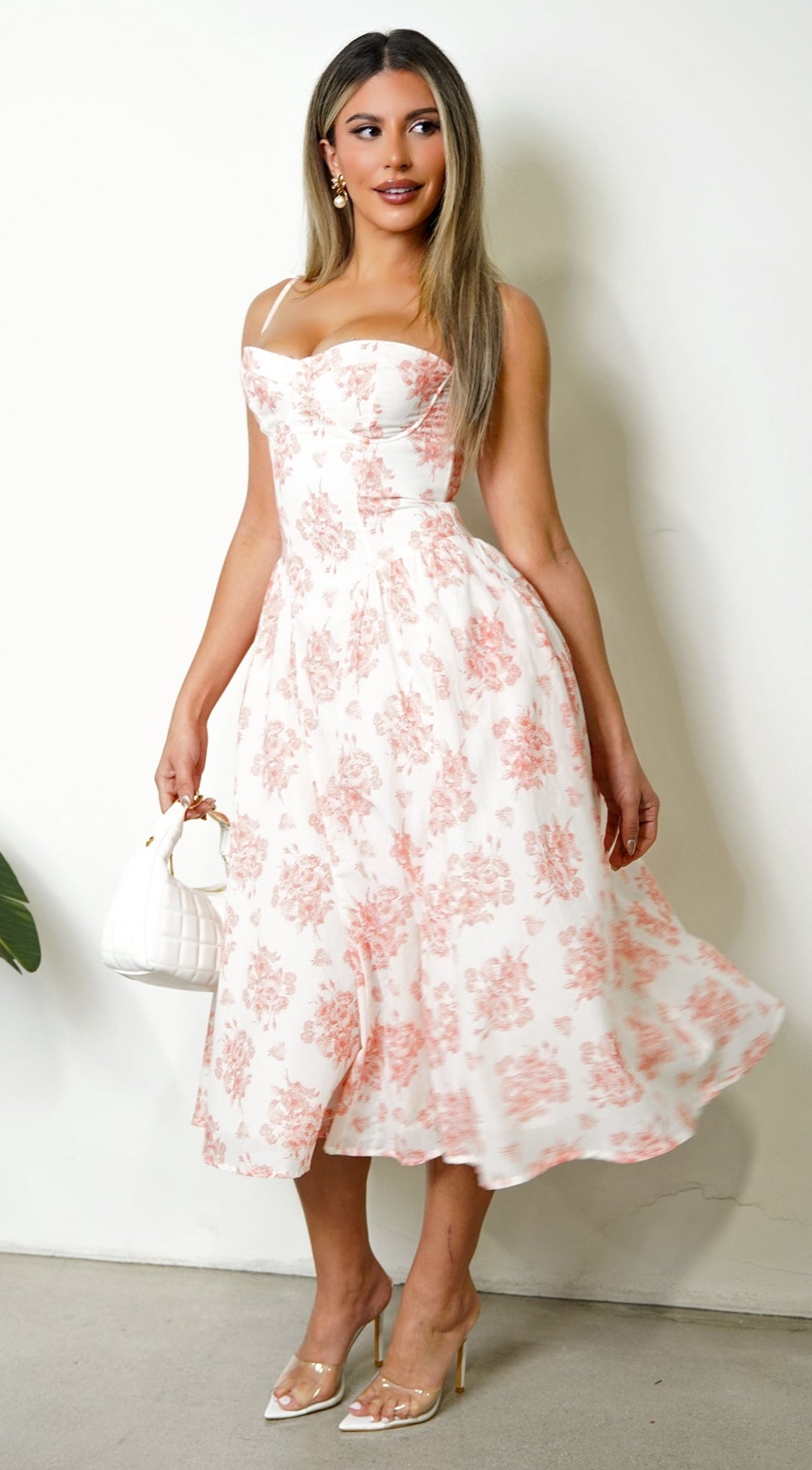 Knox Floral Flare Midi Dress - White Orange — gallery