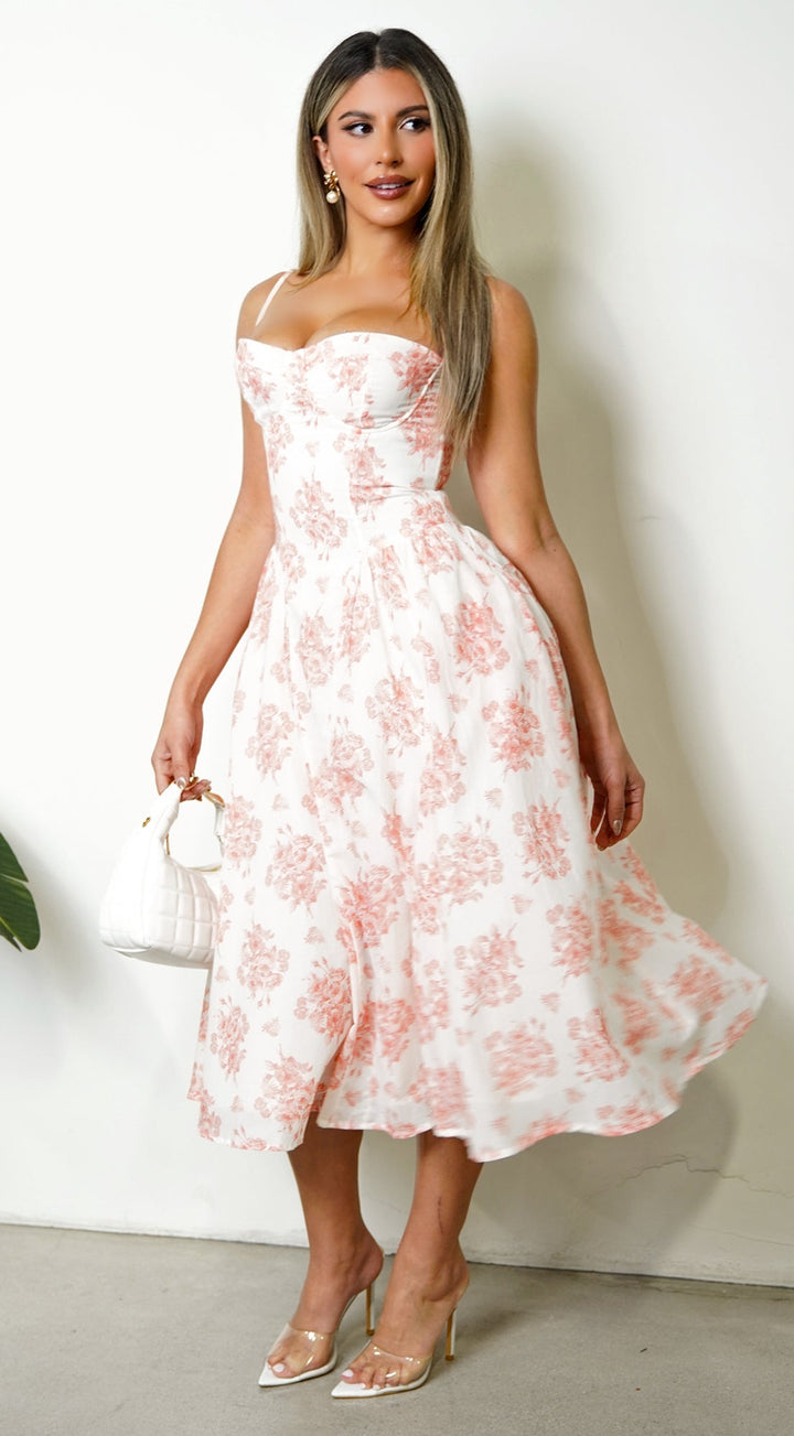 Knox Floral Flare Midi Dress - White Orange — gallery