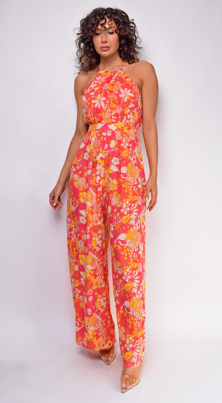 Jazz Orange Pink Multi Floral Print Jumpsuit for Women