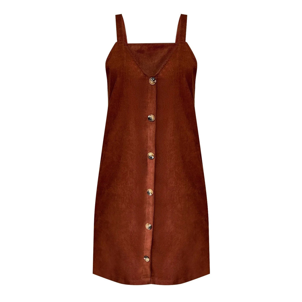 Strap-Detail V-Neck Corduroy Dress with Button Accents