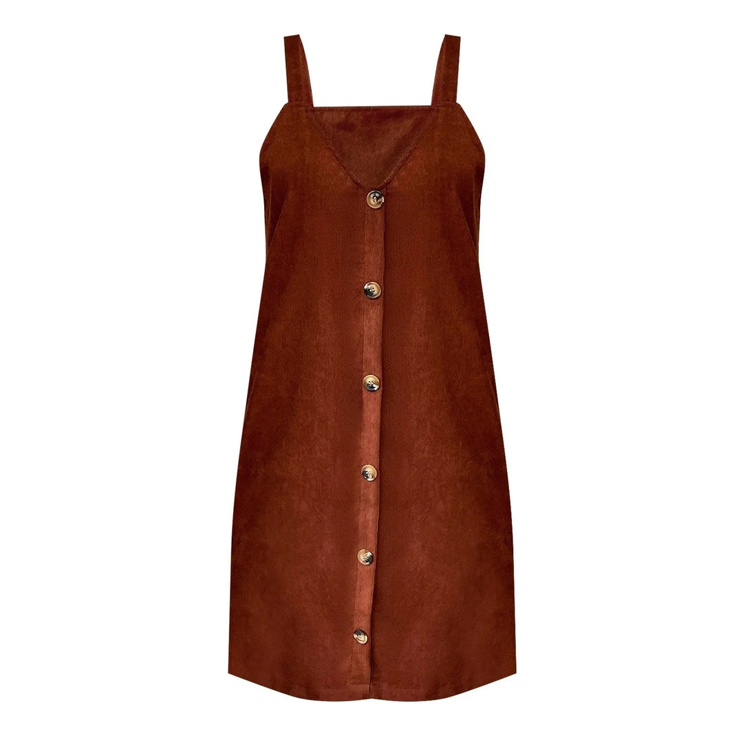 V-Neck Corduroy Dress with Strap and Button Details